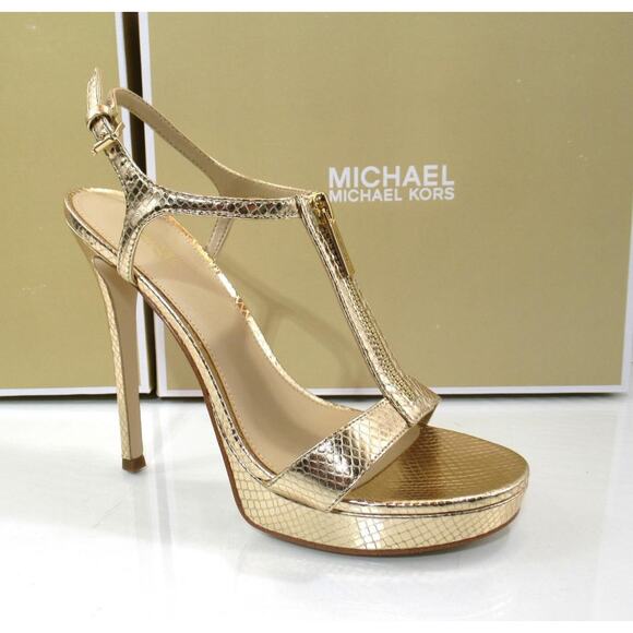 Michael Kors Berkley Stiletto Platform Heels Sandals Leather Pale Gold - Picture 1 of 7